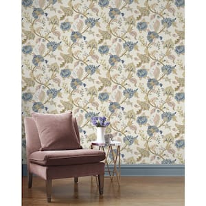 56 sq. ft. Parchment Lana Jacobean Floral Prepasted Paper Wallpaper Roll
