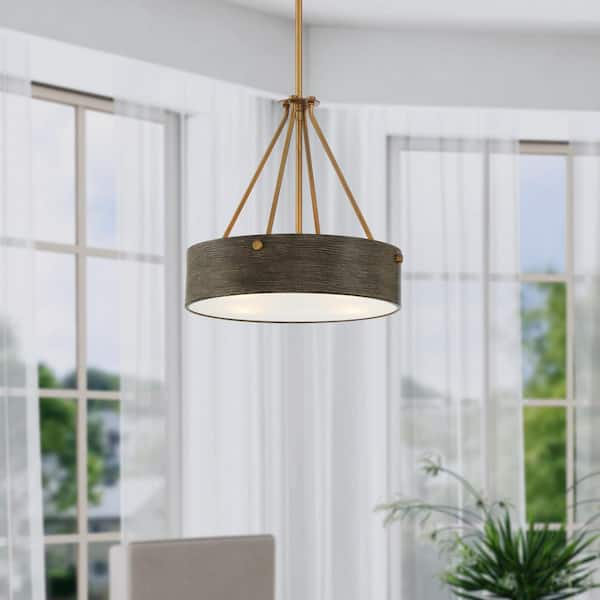 Erba 60-Watt 3-Light Old Satin Brass Modern Pendant Light with Grey Wood Shade and No Bulbs Included