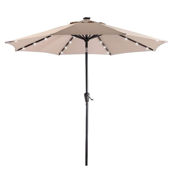 maocao hoom 9 ft. Steel Pole Outdoor Market Push Button Tilt and Crank Patio Umbrella with 32 LED Solar Lights in Taupe