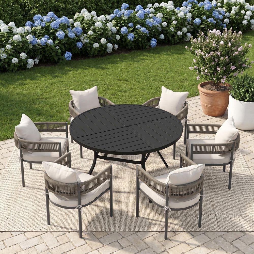 7-Piece Metal Outdoor Dining Set with 50 in. Black Round Dining Table and 6 Gray Woven Rope Chairs with White Cushions price history on PriceWatchPro