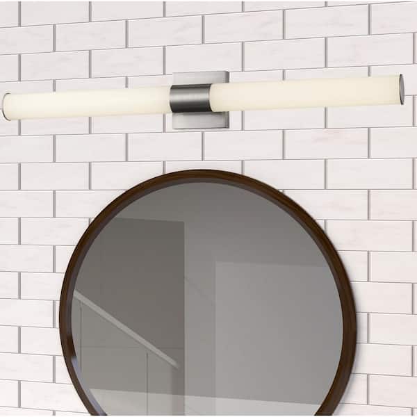 Saavy 36 in. 2-Light Integrated LED Brushed Nickel Bathroom Vanity Light Fixture with Round Cylinder Acrylic Shade