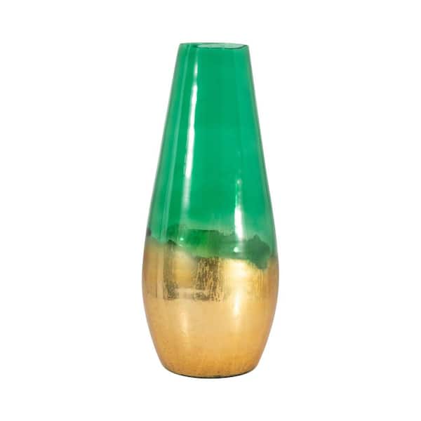 Liv & Skye 19 in. Green Glass Cylinder Gold Dipped Decorative Vase