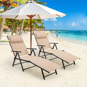 2 Pcs Metal Outdoor Khaki Folding Reclining Adjustable Chaise Lounge Chair with 7-Position Adjustable Backrest