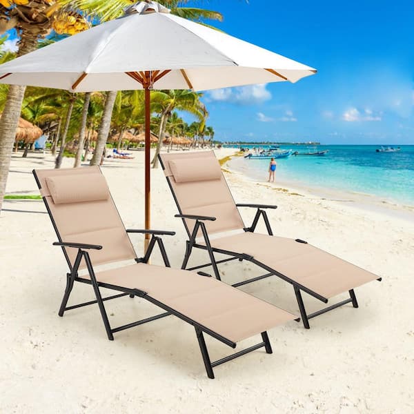 Cesicia 2 Pcs Metal Outdoor Khaki Folding Reclining Adjustable Chaise Lounge Chair with 7-Position Adjustable Backrest
