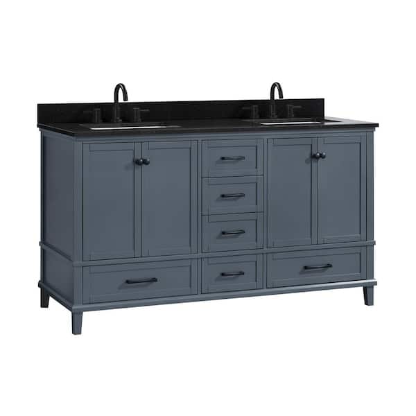 Merryfield 61 in. Double Sink Dark Blue-Gray Bath Vanity with Black Granite Top (Assembled)