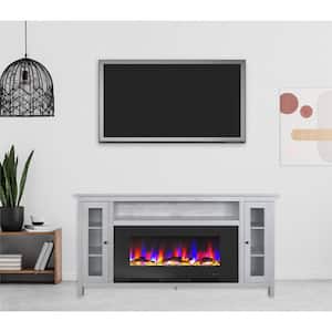 Somerset 70 in. White Electric Fireplace TV Stand in Multi-Color with LED Flame Driftwood Log Display and Remote Control