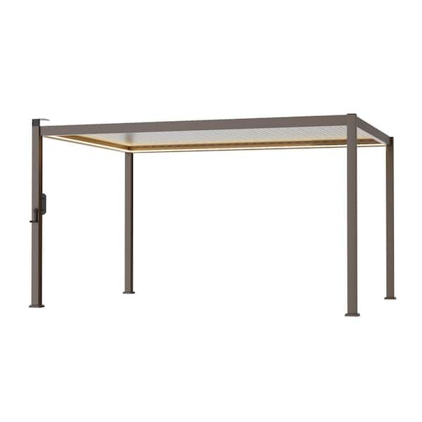 10 ft. x 13 ft. LED Modern Steel Louvered Pergola Outdoor Pergola with Adjustable Roof for Backyard, Brown