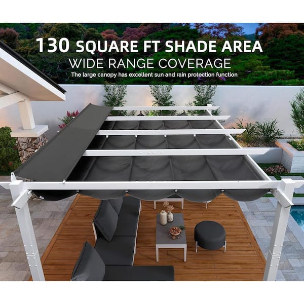 10 ft. W x 13 ft. D Patio White Aluminum Pergola with Gray Adjustable Sun Shelter Canopy and Extra Protective Roof