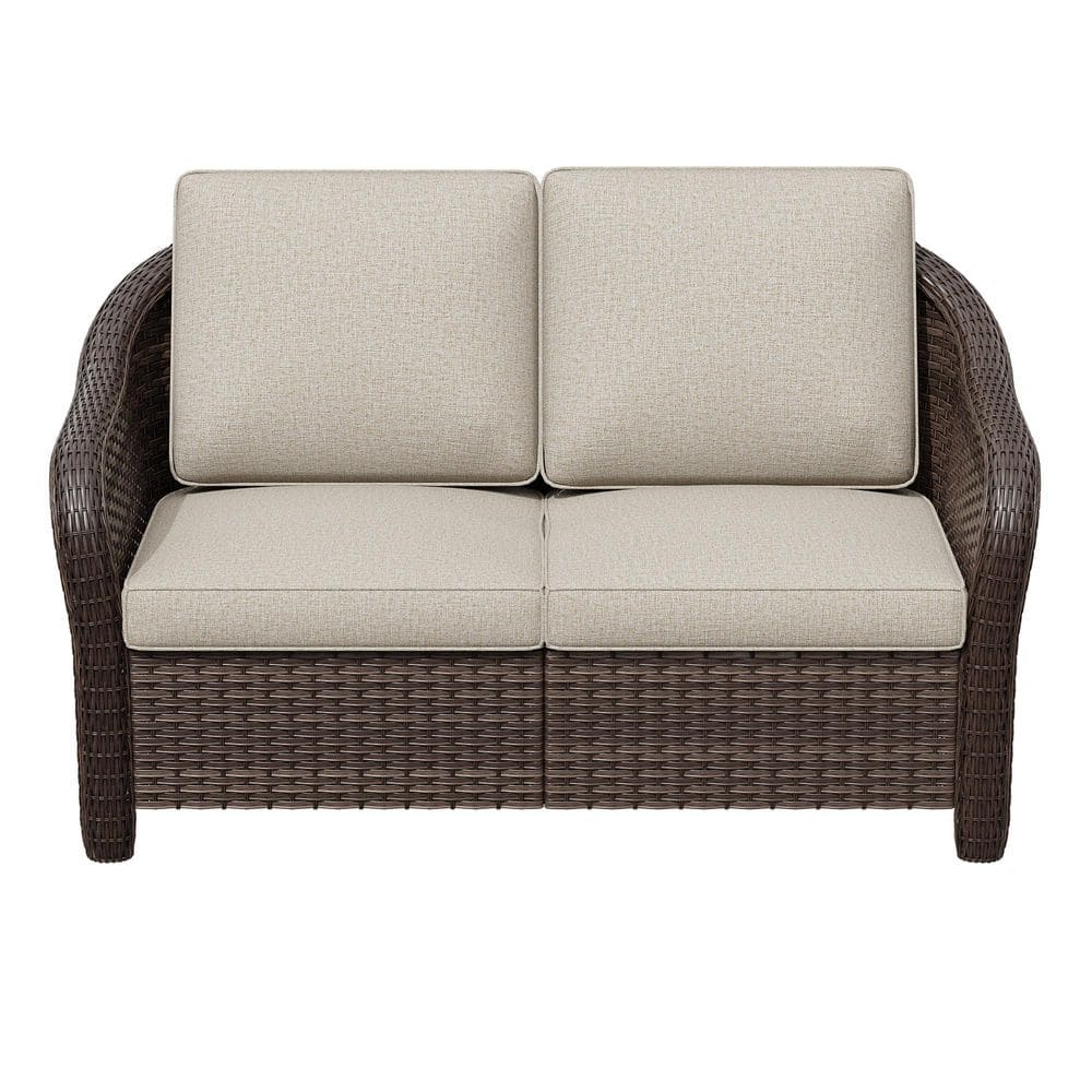 Dark Brown Wicker Outdoor Loveseat with Stylish Curved Arms and Plush Beige Cushions price history on PriceWatchPro