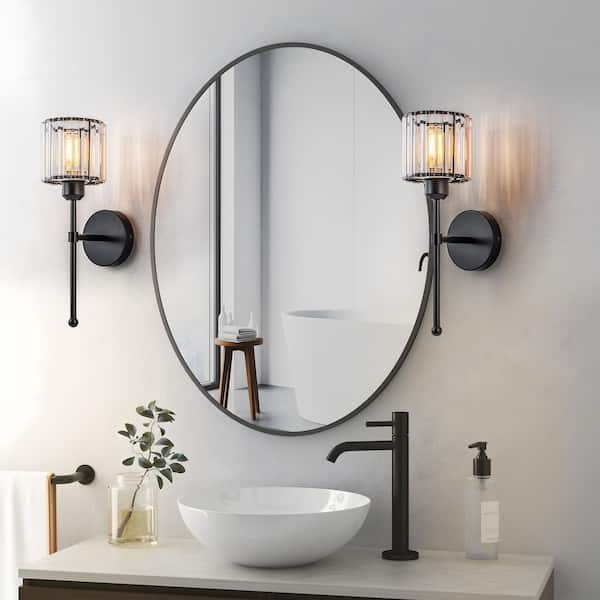 GoYeel 5.12 in. 2-Light Matte Black Farmhouse Wall Sconce with Crystal Shade