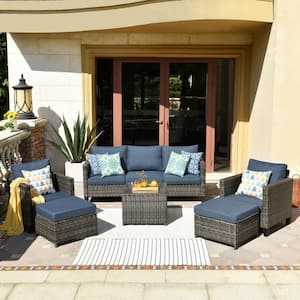 Mars Gray 6-Piece Wicker Outdoor Patio Conversation Seating Set with Denim Blue Cushions