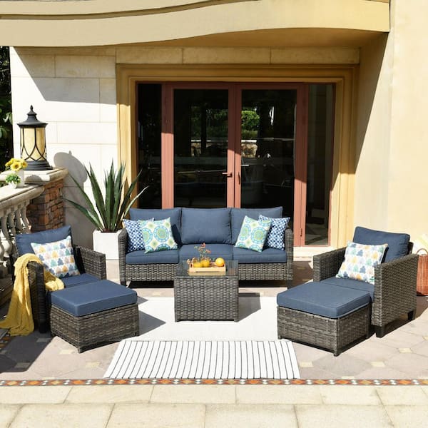 XIZZI Mars Gray 6-Piece Wicker Outdoor Patio Conversation Seating Set with Denim Blue Cushions