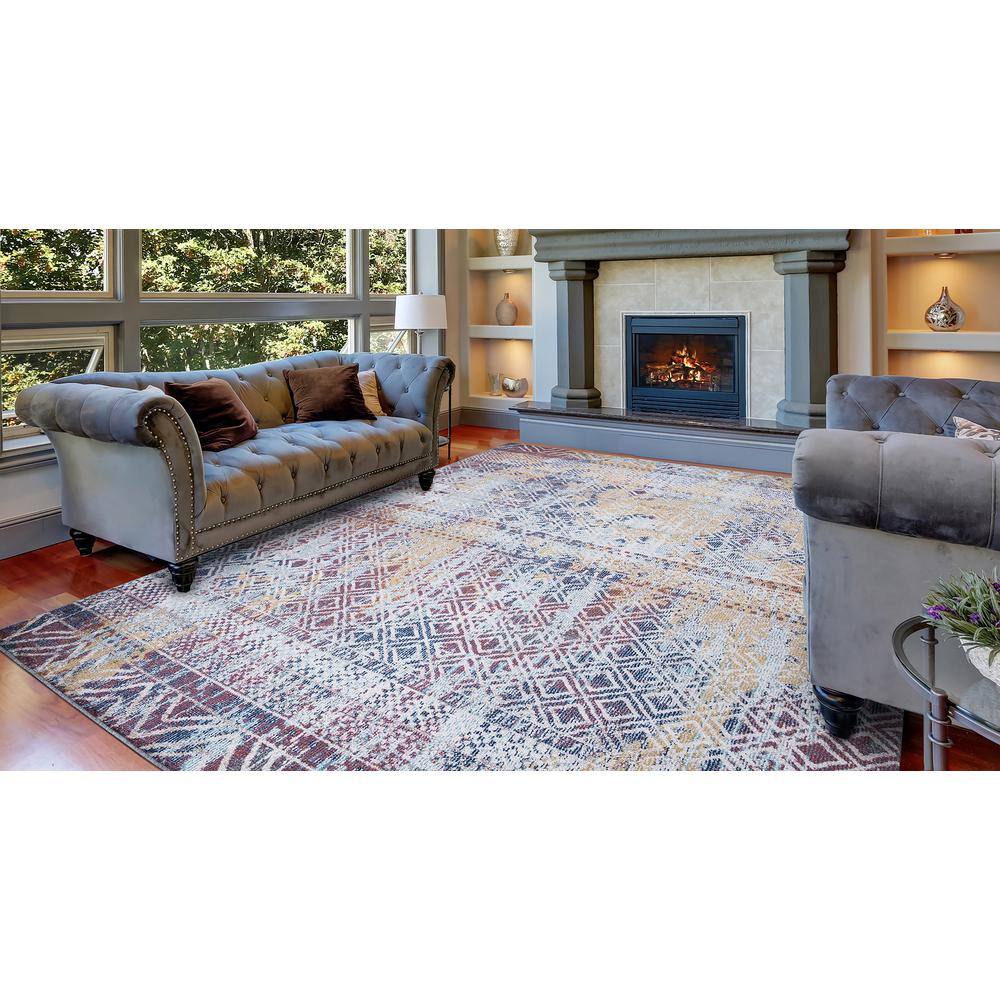 Vintage Blue and Multicolor Geometric Synthetic Area Rug 5' x 7'