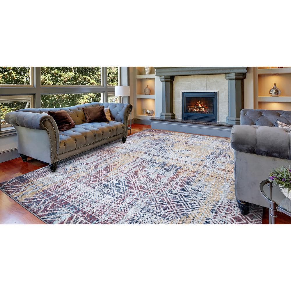 Vintage Multi-Color Geometric Synthetic Area Rug 5' x 7'