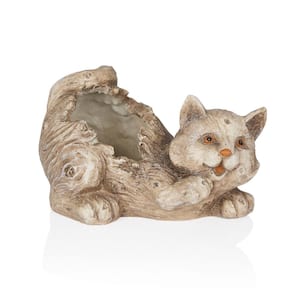 5 in. W Playful Cat Resin Planter with Drainage Hole, Gray, Polyresin