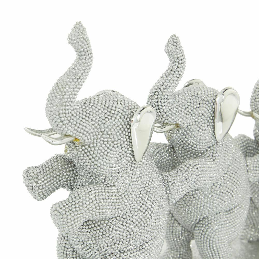 Silver Resin Elephant Trio Sculpture with Shimmering Finish