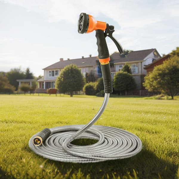 Metal Garden Hose, 0.39 in. Dia x 200 ft. Rust-Proof Stainless Steel, Heavy Duty Outdoor Water Hose, 10 Nozzle, Flexible