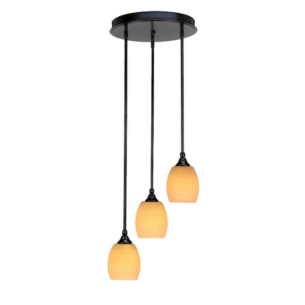 Unbranded Villa 60-Watt in. 3 Light Matte Black Stem Pendant Light with 5 in. Cayenne Linen Glass Shade, No bulbs included
