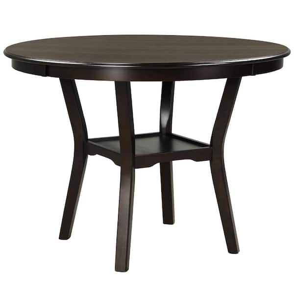 Costway 42 in. Round Brown Wood Top with Wood Frame Dining Table 2-Tier Kitchen Living Room Table with Storage Shelf