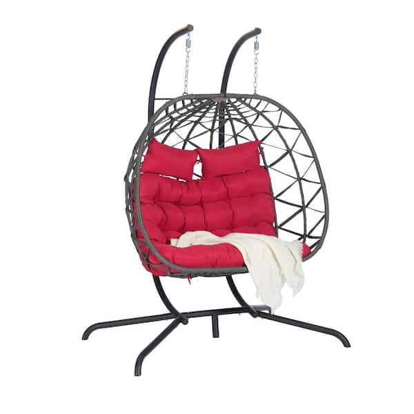 Unbranded 2-Person Dark Grey Wicker Outdoor Patio Swing Hanging Chair Egg Chair with Red Cushions