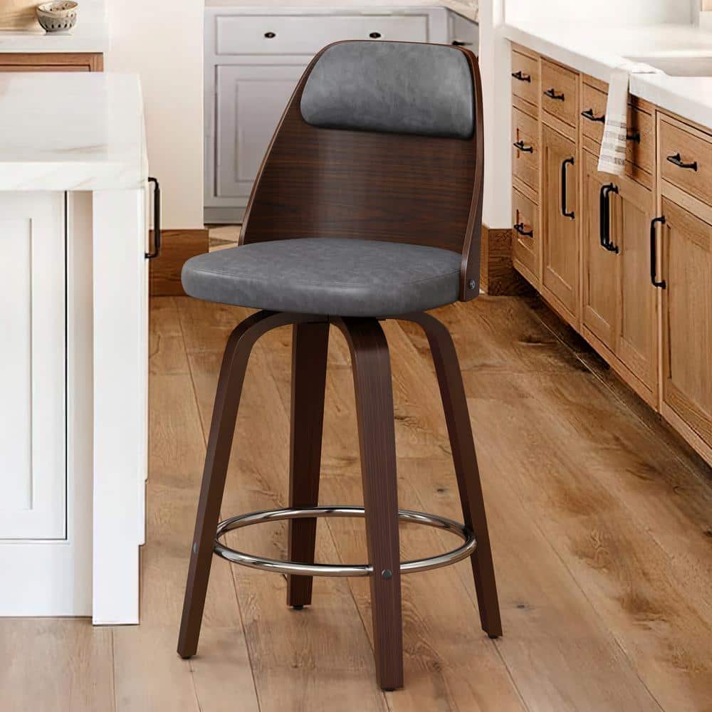 Edward 26 in. Gray Faux Leather Swivel Bar Stool Solid Wood Walnut Frame Co