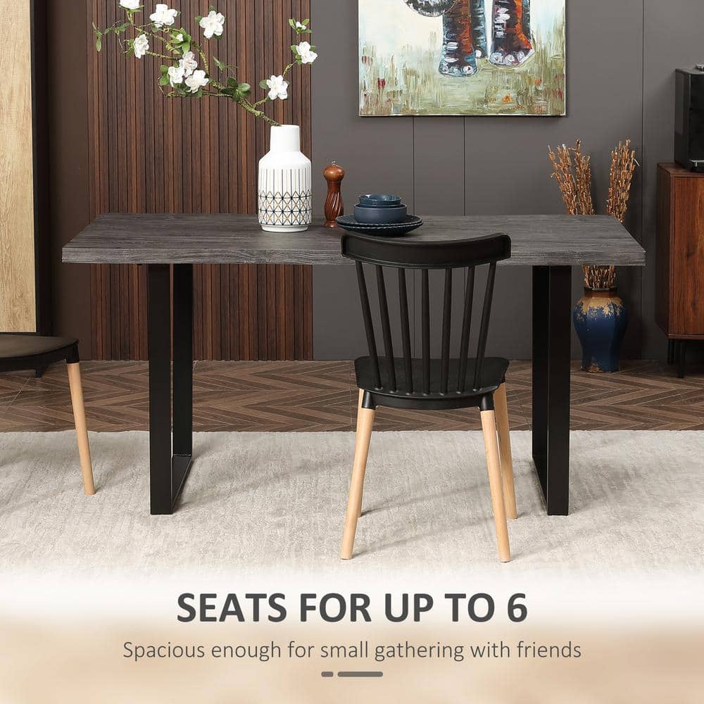 Wavy-Edge Gray Wood Dining Table with Steel Legs for Six