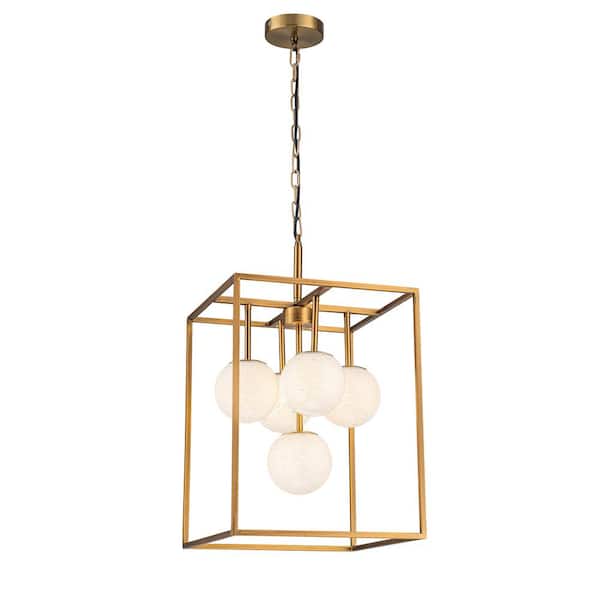 ELE Light & Decor Diana 5-Light Contemporary Foyer Hall Lantern Chandelier Art Deco Marbleized Glass Shades in Brass, Bulbs Included