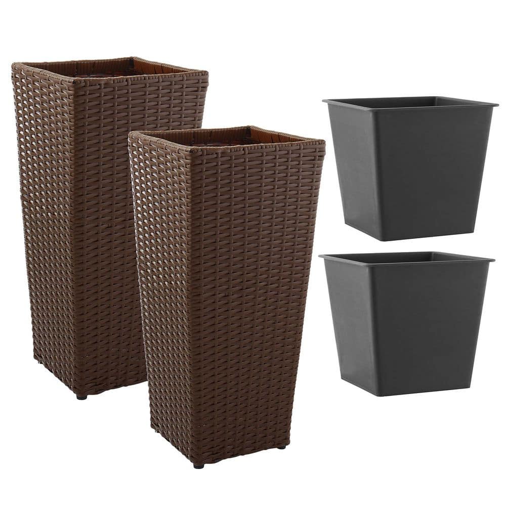 Espresso Tall Tapered All-Weather Poly Rattan Planters, Set of 2