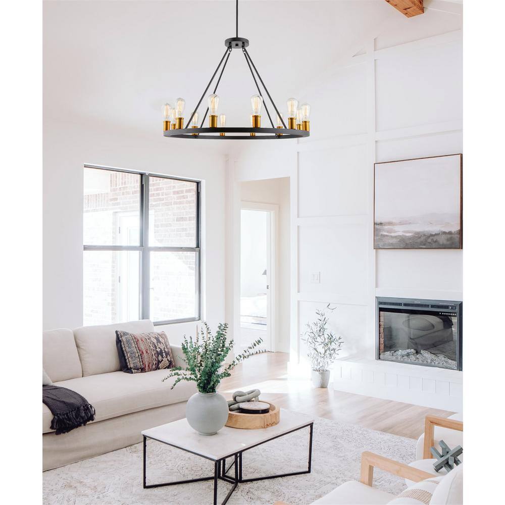 Jericho 36" Black Wagon Wheel Chandelier with Warm Brass Accents