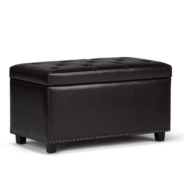 Simpli Home Hannah 34 in. Traditional Storage Ottoman in Tanners Brown Faux Leather