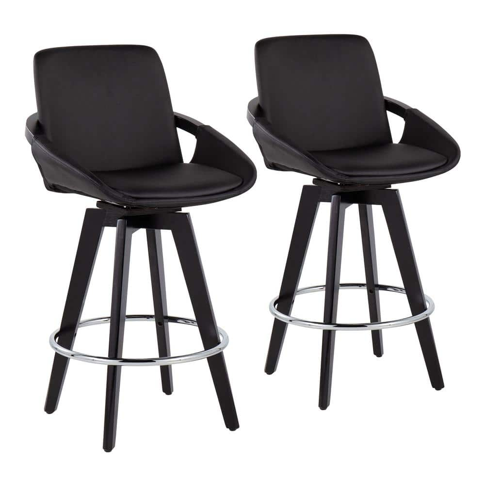 Cosmo 37 in. Black Faux Leather and Black Wood High Back Counter H Bar Stool with Round Chrome Footrest (Set of 2) -  Lumisource, 29530