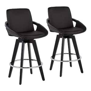 Cosmo 37 in. Black Faux Leather and Black Wood High Back Counter H Bar Stool with Round Chrome Footrest (Set of 2)