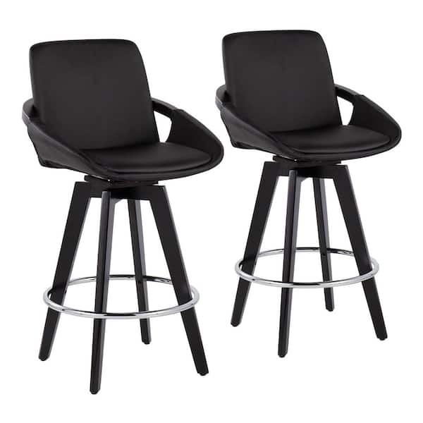 Lumisource Cosmo 37 in. Black Faux Leather and Black Wood High Back Counter H Bar Stool with Round Chrome Footrest (Set of 2)