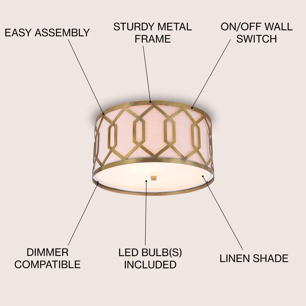 Satin Brass Hex 3-Light 16.25" Metal LED Flush Mount with Linen Shade