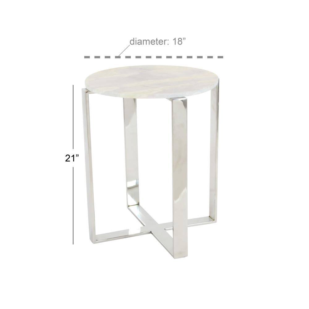 White Marble and Stainless Steel Round Accent Table