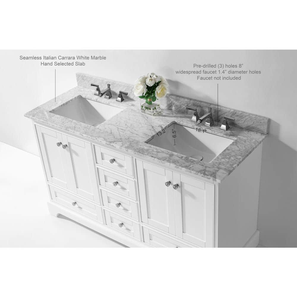 Audrey 60" White Wood Bathroom Vanity Set with Marble Top