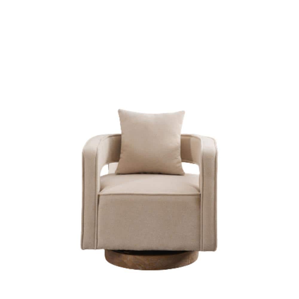 Beige Linen Blend Wood Outdoor Lounge Chair with Cushions, Weathered Base f