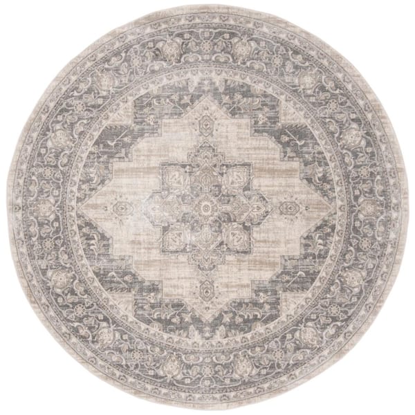 Brentwood Cream/Gray 12 ft. x 12 ft. Floral Medallion Border Round Area Rug