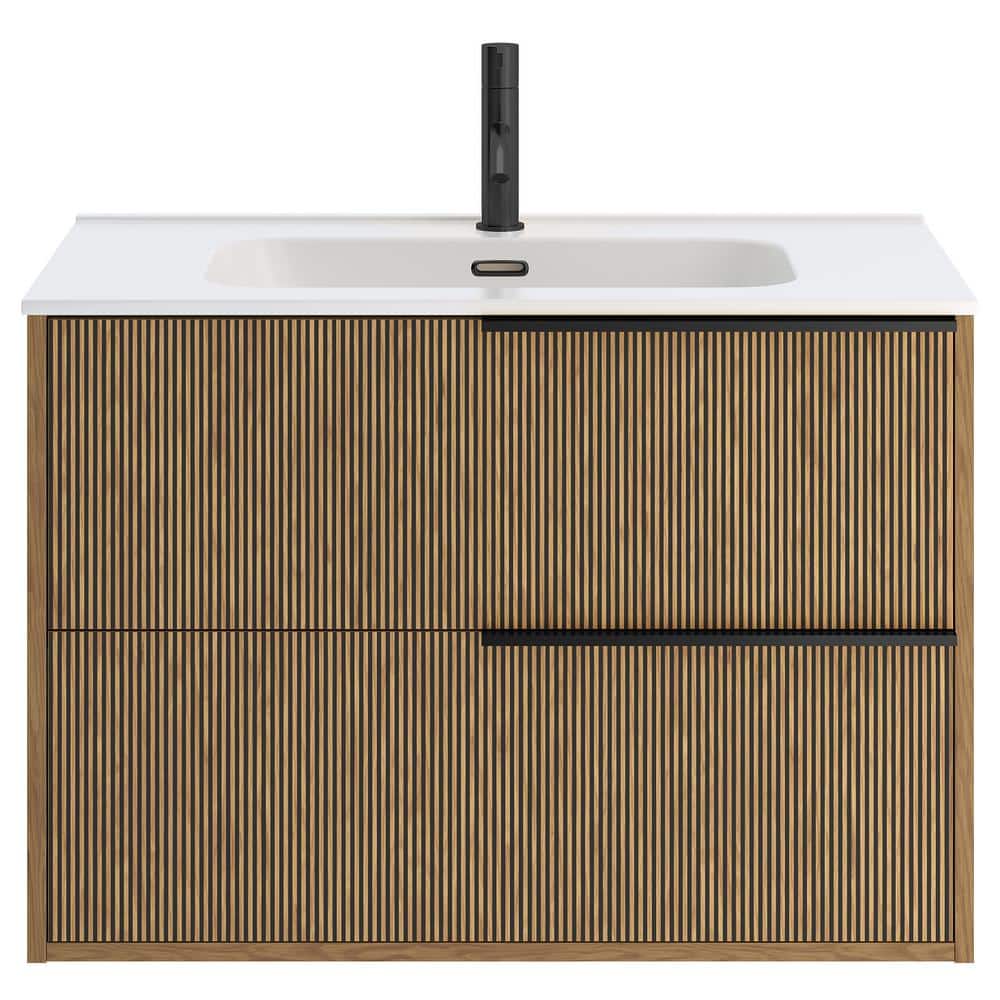 Demeter Medium Brown MDF Wall Mounted Vanity with White Ceramic Sink