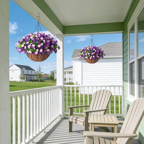 20.5 in. Purple Outdoor Artificial Hanging Flowers with Basket