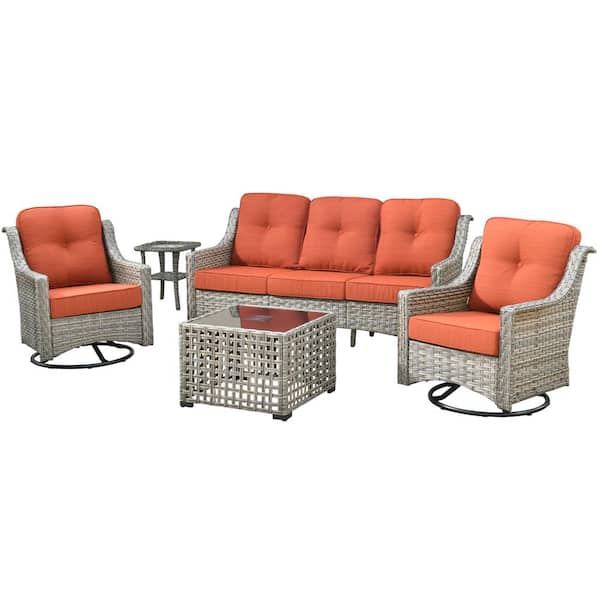 Blanche 5-Piece Wicker Patio Conversation Seating Sofa Set with Orange Red Cushions and Swivel Rocking Chairs