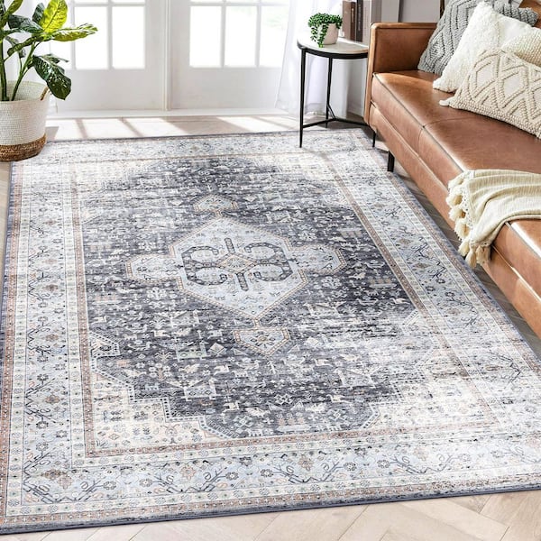 Machine Washable Carpet Retro Print Rug Anti-fouling and Anti-slip for Bedroom Living Room Office Black Gray，5*7ft