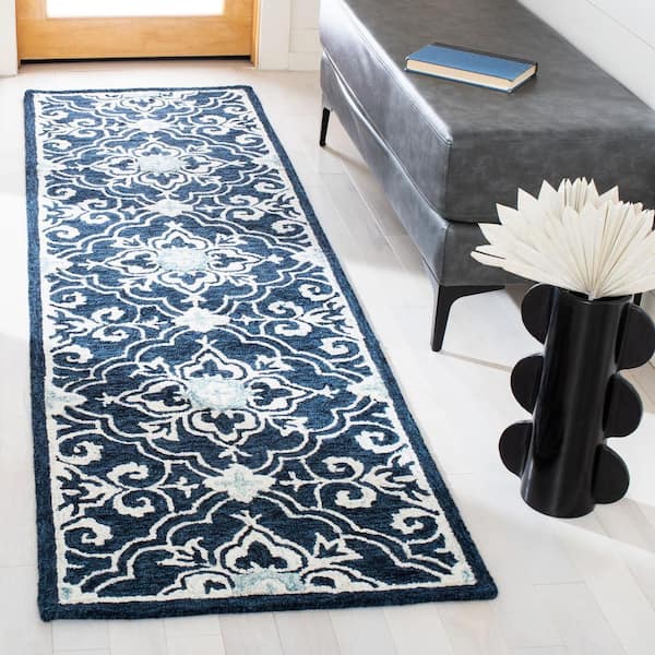 Roslyn 2 ft. x 10 ft. Navy/Light Blue Ornate Border Runner Rug