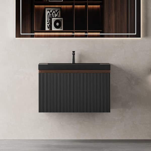 24 in. Wall-Mounted Bath Vanity Modern Floating Bathroom Vanity in Smoked Walnut with Black Quartz Sand Top