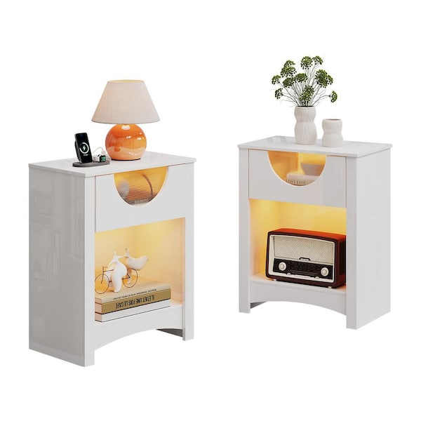 (Set of 2) Glossy White 23.62 in. H Nightstand with USB Ports, Storage Drawer and Light