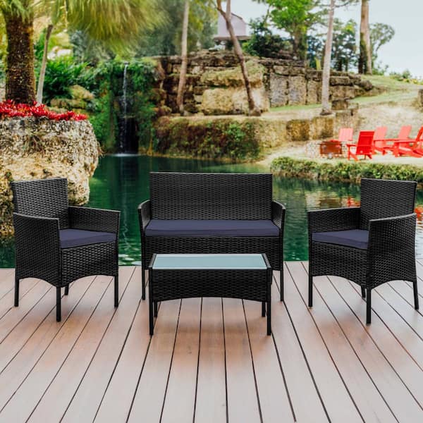 HEARTH HARBOR 4 Piece Brown Patio Outdoor Furniture Wicker Conversation Set with Blue Cushions 1 Loveseat 2 Chairs and Coffee Table NB PFW 4 B NB The Home Depot