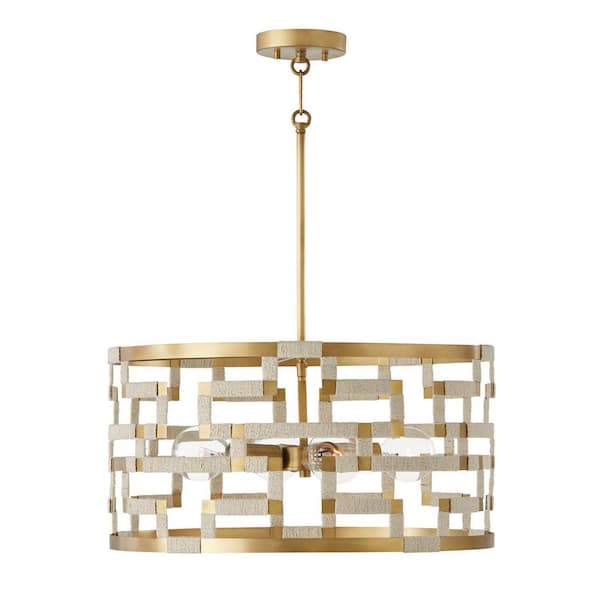 Hala 100-Watt 4-Light Bleached Natural Jute and Patinaed Brass Pendant Light with No Bulbs Included