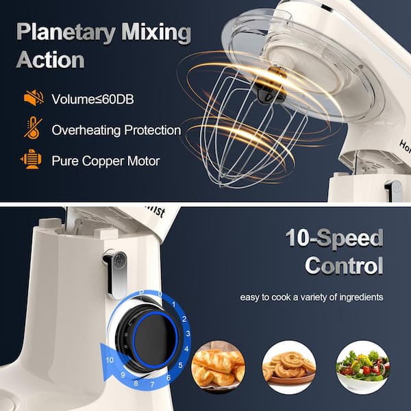 Big Chef 6.5 Qt. 650-Watt 10-Speed Beige Stand Mixer with Dough Hook, Whisk and Beater