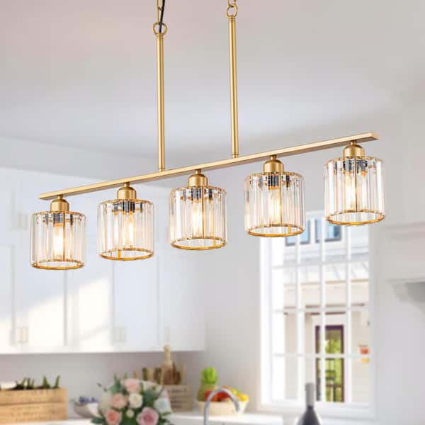 TinHon Modern 5-Light Gold Linear Island Chandelier with Crystal Cylinder Shades for Dining Room, Kitchen or Living Room