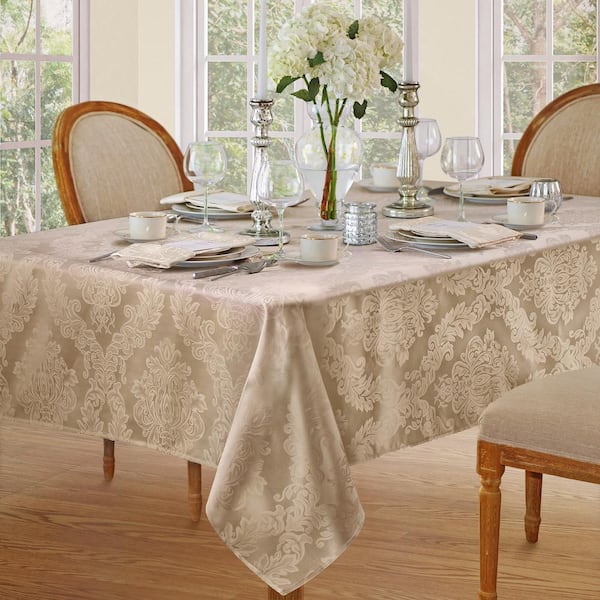 52 in. W X 52 in. L Beige Barcelona Damask Fabric Tablecloth